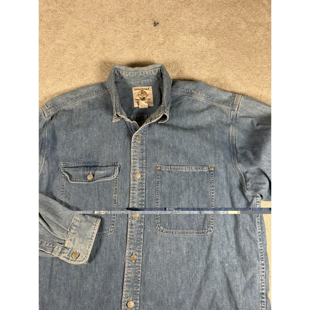 Vtg 80s Banana Republic Safari Denim Guide Shirt Men L Travel Adventure